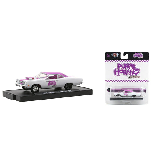 M2 - 1/64 1969 Plymouth Road Runner 440 6-Pack *PURPLE HORNIES*, white/purple